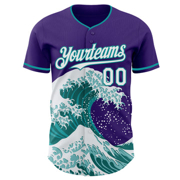 Custom Purple White-Teal Japanese Wave 3D Pattern Design Authentic Baseball Jersey