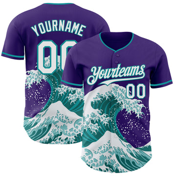 Custom Purple White-Teal Japanese Wave 3D Pattern Design Authentic Baseball Jersey