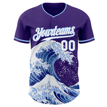 Custom Purple White-Light Blue Japanese Wave 3D Pattern Design Authentic Baseball Jersey