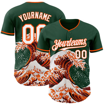 Custom Green White-Orange Japanese Wave 3D Pattern Design Authentic Baseball Jersey