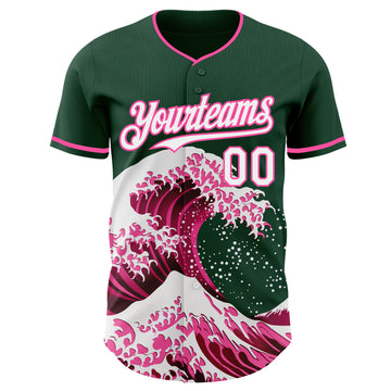 Custom Green White-Pink Japanese Wave 3D Pattern Design Authentic Baseball Jersey