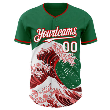 Custom Kelly Green White-Red Japanese Wave 3D Pattern Design Authentic Baseball Jersey