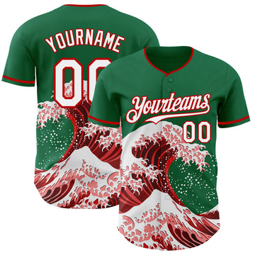 Custom Kelly Green White-Red Japanese Wave 3D Pattern Design Authentic Baseball Jersey