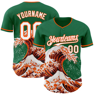 Custom Kelly Green White-Orange Japanese Wave 3D Pattern Design Authentic Baseball Jersey