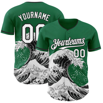 Custom Kelly Green White-Black Japanese Wave 3D Pattern Design Authentic Baseball Jersey