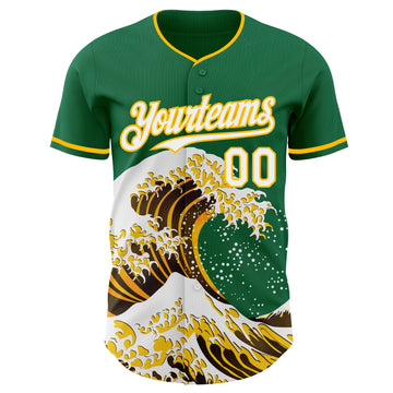 Custom Kelly Green White-Gold Japanese Wave 3D Pattern Design Authentic Baseball Jersey