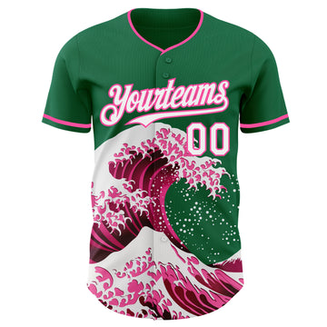 Custom Kelly Green White-Pink Japanese Wave 3D Pattern Design Authentic Baseball Jersey