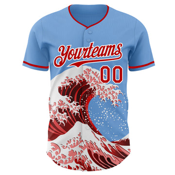 Custom Light Blue Red-White Japanese Wave 3D Pattern Design Authentic Baseball Jersey