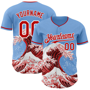 Custom Light Blue Red-White Japanese Wave 3D Pattern Design Authentic Baseball Jersey