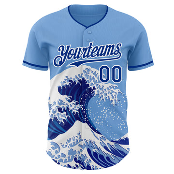 Custom Light Blue Royal-White Japanese Wave 3D Pattern Design Authentic Baseball Jersey