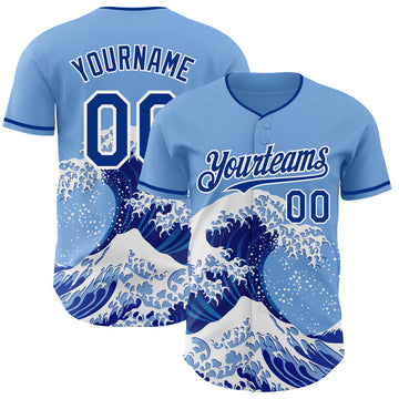 Custom Light Blue Royal-White Japanese Wave 3D Pattern Design Authentic Baseball Jersey
