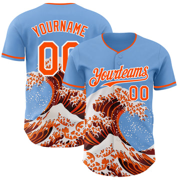 Custom Light Blue Orange-White Japanese Wave 3D Pattern Design Authentic Baseball Jersey
