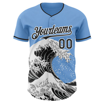 Custom Light Blue Black-White Japanese Wave 3D Pattern Design Authentic Baseball Jersey