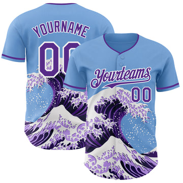 Custom Light Blue Purple-White Japanese Wave 3D Pattern Design Authentic Baseball Jersey