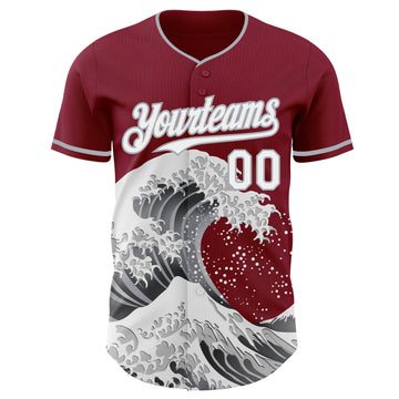 Custom Crimson White-Gray Japanese Wave 3D Pattern Design Authentic Baseball Jersey