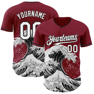 Custom Crimson White-Black Japanese Wave 3D Pattern Design Authentic Baseball Jersey