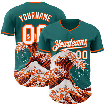 Custom Teal White-Orange Japanese Wave 3D Pattern Design Authentic Baseball Jersey