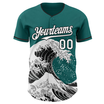 Custom Teal White-Black Japanese Wave 3D Pattern Design Authentic Baseball Jersey