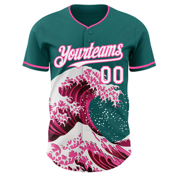 Custom Teal White-Pink Japanese Wave 3D Pattern Design Authentic Baseball Jersey