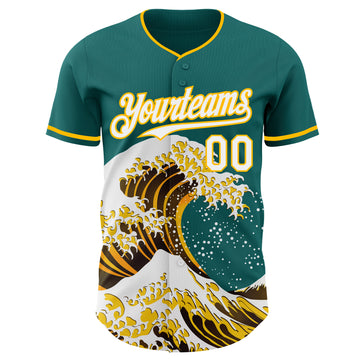 Custom Teal White-Gold Japanese Wave 3D Pattern Design Authentic Baseball Jersey