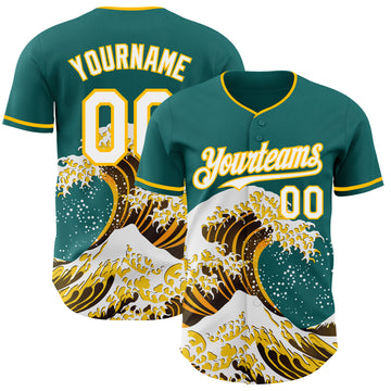Custom Teal White-Gold Japanese Wave 3D Pattern Design Authentic Baseball Jersey