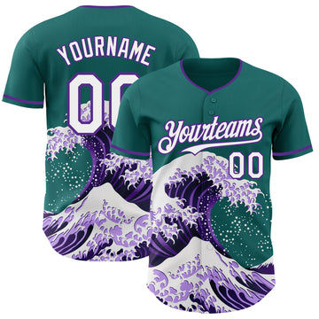 Custom Teal White-Purple Japanese Wave 3D Pattern Design Authentic Baseball Jersey