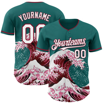Custom Teal White-Crimson Japanese Wave 3D Pattern Design Authentic Baseball Jersey