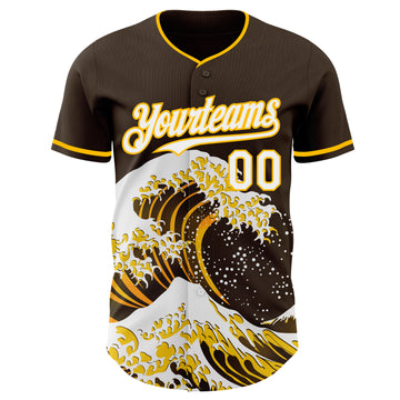 Custom Brown White-Gold Japanese Wave 3D Pattern Design Authentic Baseball Jersey