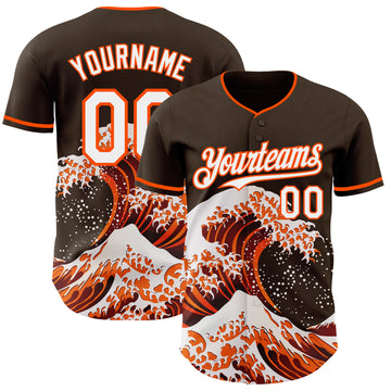 Custom Brown White-Orange Japanese Wave 3D Pattern Design Authentic Baseball Jersey