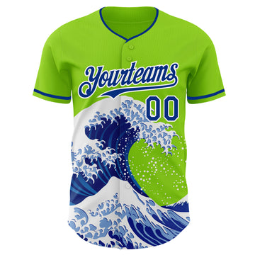 Custom Neon Green Royal-White Japanese Wave 3D Pattern Design Authentic Baseball Jersey