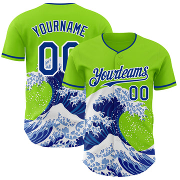 Custom Neon Green Royal-White Japanese Wave 3D Pattern Design Authentic Baseball Jersey