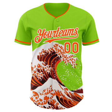 Custom Neon Green Orange-White Japanese Wave 3D Pattern Design Authentic Baseball Jersey