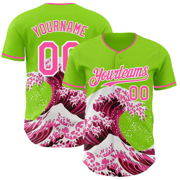 Custom Neon Green Pink-White Japanese Wave 3D Pattern Design Authentic Baseball Jersey