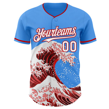 Custom Electric Blue White-Red Japanese Wave 3D Pattern Design Authentic Baseball Jersey