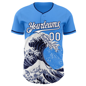 Custom Electric Blue White-Navy Japanese Wave 3D Pattern Design Authentic Baseball Jersey
