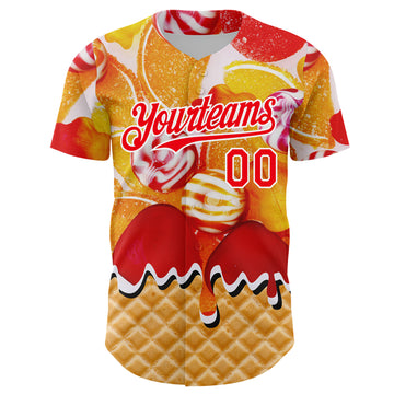 Custom Gold Fire Red-White Candy Ice Cream Waffle Sweet Sugar Authentic Baseball Jersey
