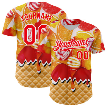 Custom Gold Fire Red-White Candy Ice Cream Waffle Sweet Sugar Authentic Baseball Jersey