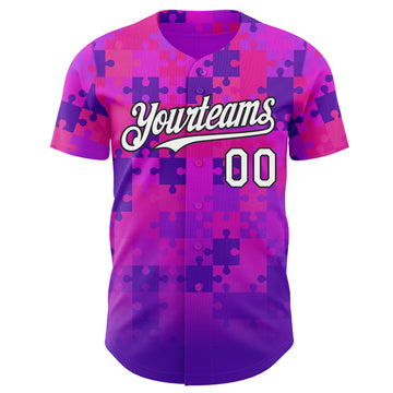 Custom Purple White-Black Puzzle 3D Pattern Design Authentic Baseball Jersey