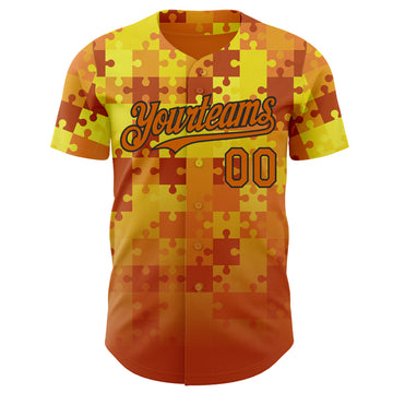 Custom Orange White Gold-Black Puzzle 3D Pattern Design Authentic Baseball Jersey