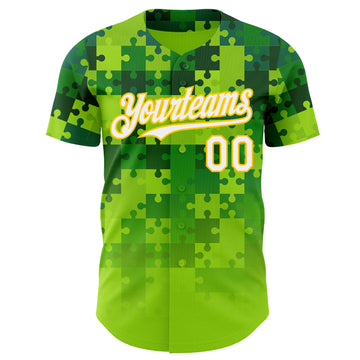 Custom Green White-Yellow Puzzle 3D Pattern Design Authentic Baseball Jersey