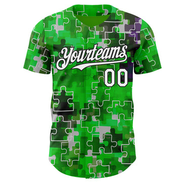 Custom Green White-Black Puzzle 3D Pattern Design Authentic Baseball Jersey
