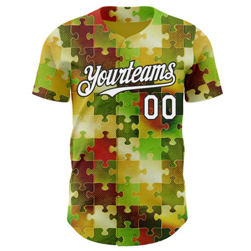 Custom Green White-Black Puzzle 3D Pattern Design Authentic Baseball Jersey