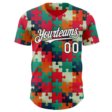 Custom Red White-Black Puzzle 3D Pattern Design Authentic Baseball Jersey