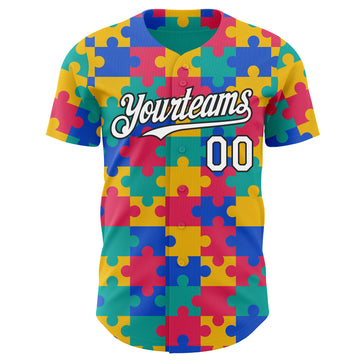 Custom Teal White-Black Puzzle 3D Pattern Design Authentic Baseball Jersey