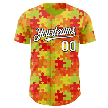 Custom Green White Red-Black Puzzle 3D Pattern Design Authentic Baseball Jersey