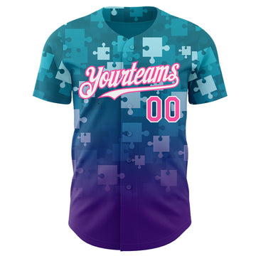 Custom Teal Pink Purple-White Gradient Puzzle 3D Pattern Design Authentic Baseball Jersey