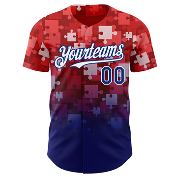 Custom Red Royal-White Gradient Puzzle 3D Pattern Design Authentic Baseball Jersey