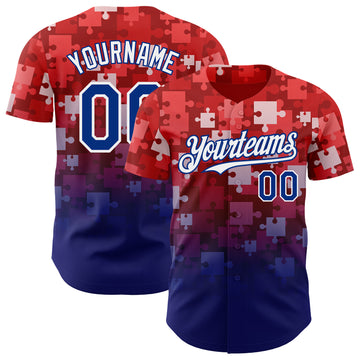 Custom Red Royal-White Gradient Puzzle 3D Pattern Design Authentic Baseball Jersey