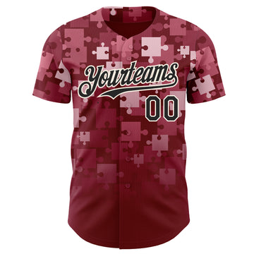 Custom Crimson Black-Cream Puzzle 3D Pattern Design Authentic Baseball Jersey