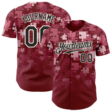 Custom Crimson Black-Cream Puzzle 3D Pattern Design Authentic Baseball Jersey